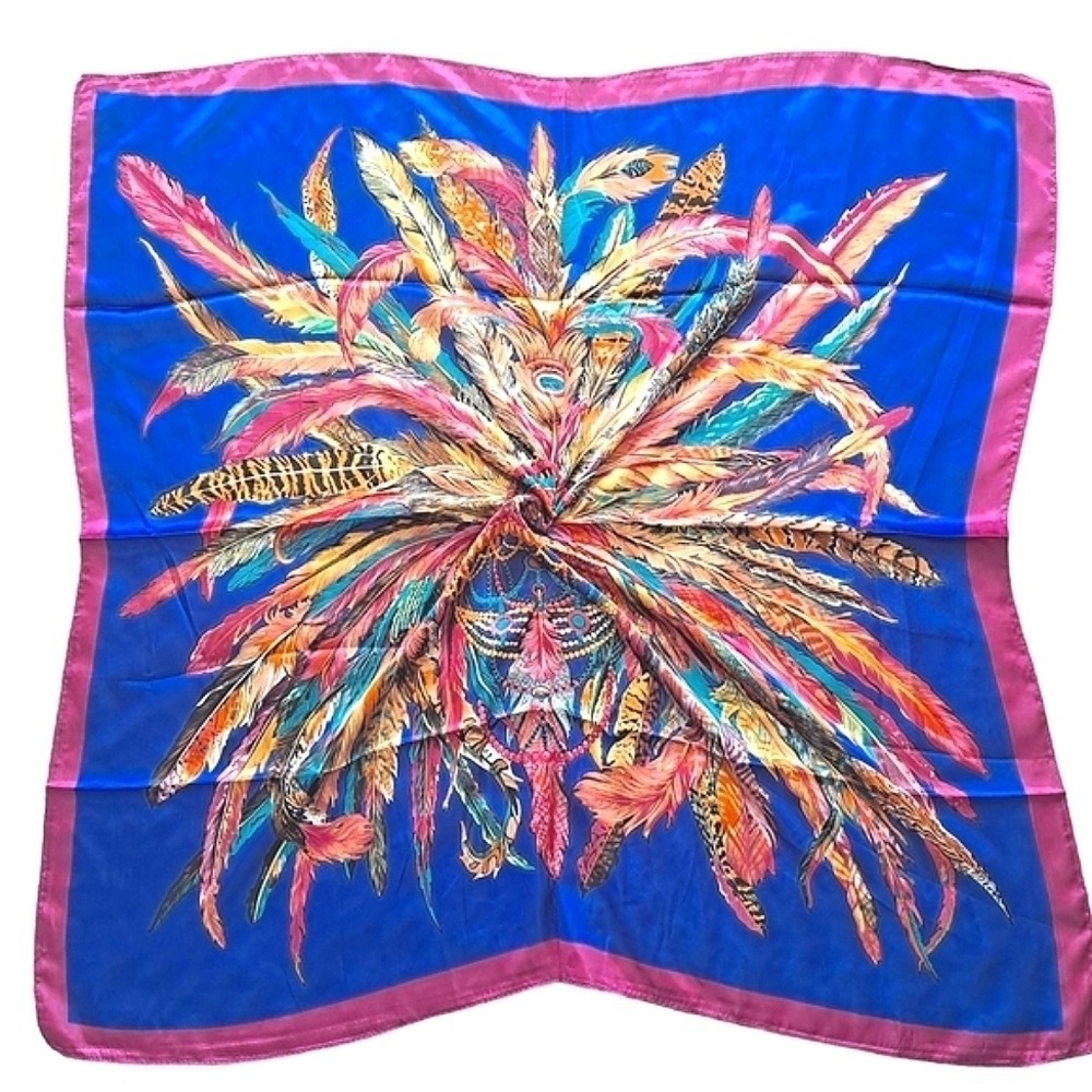 Satin square oversized Scarf blue feather boho Colorful neck hair 💖2/$30